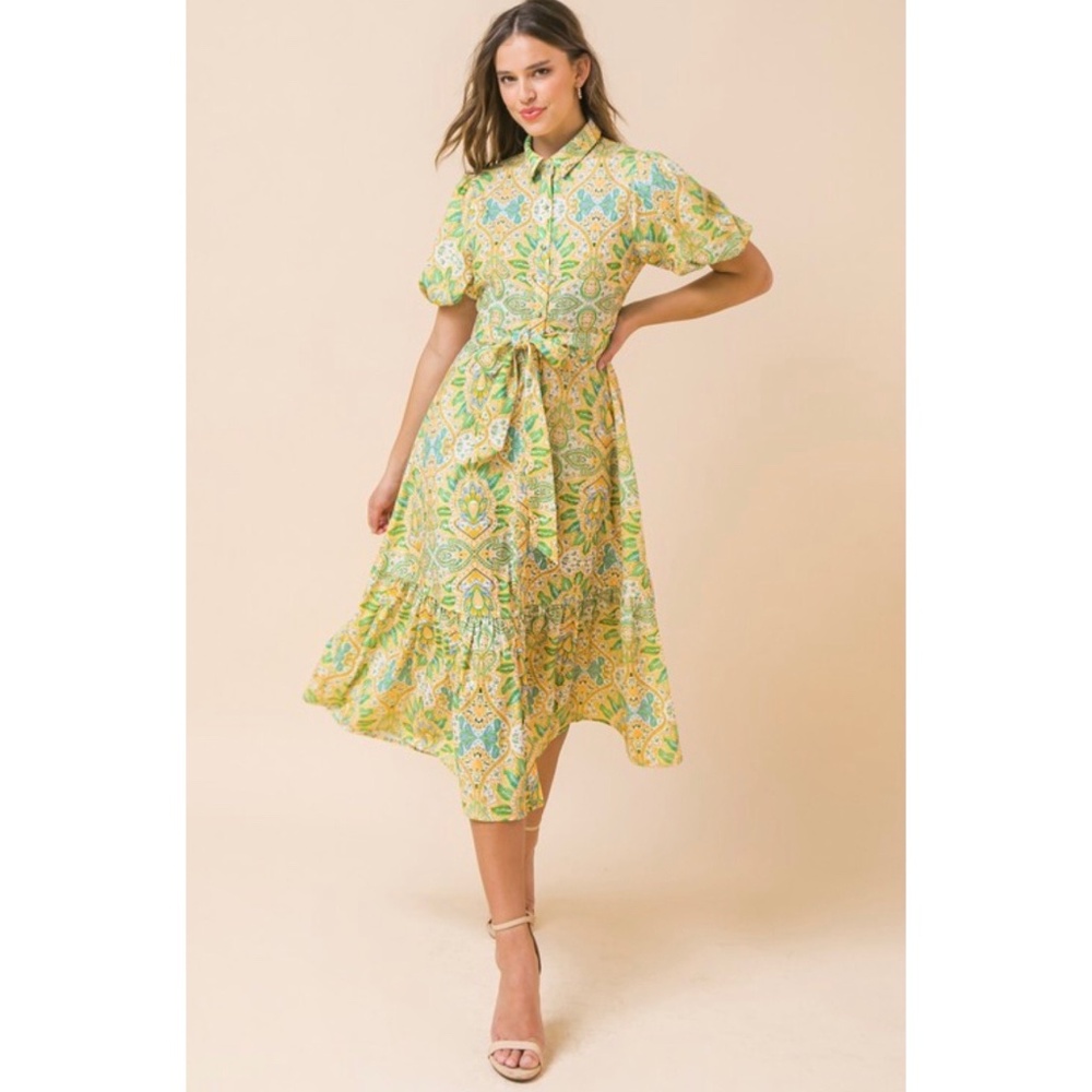 Flying Tomato Paisley Print Tie Waist Ruffle Hem Midi Dress